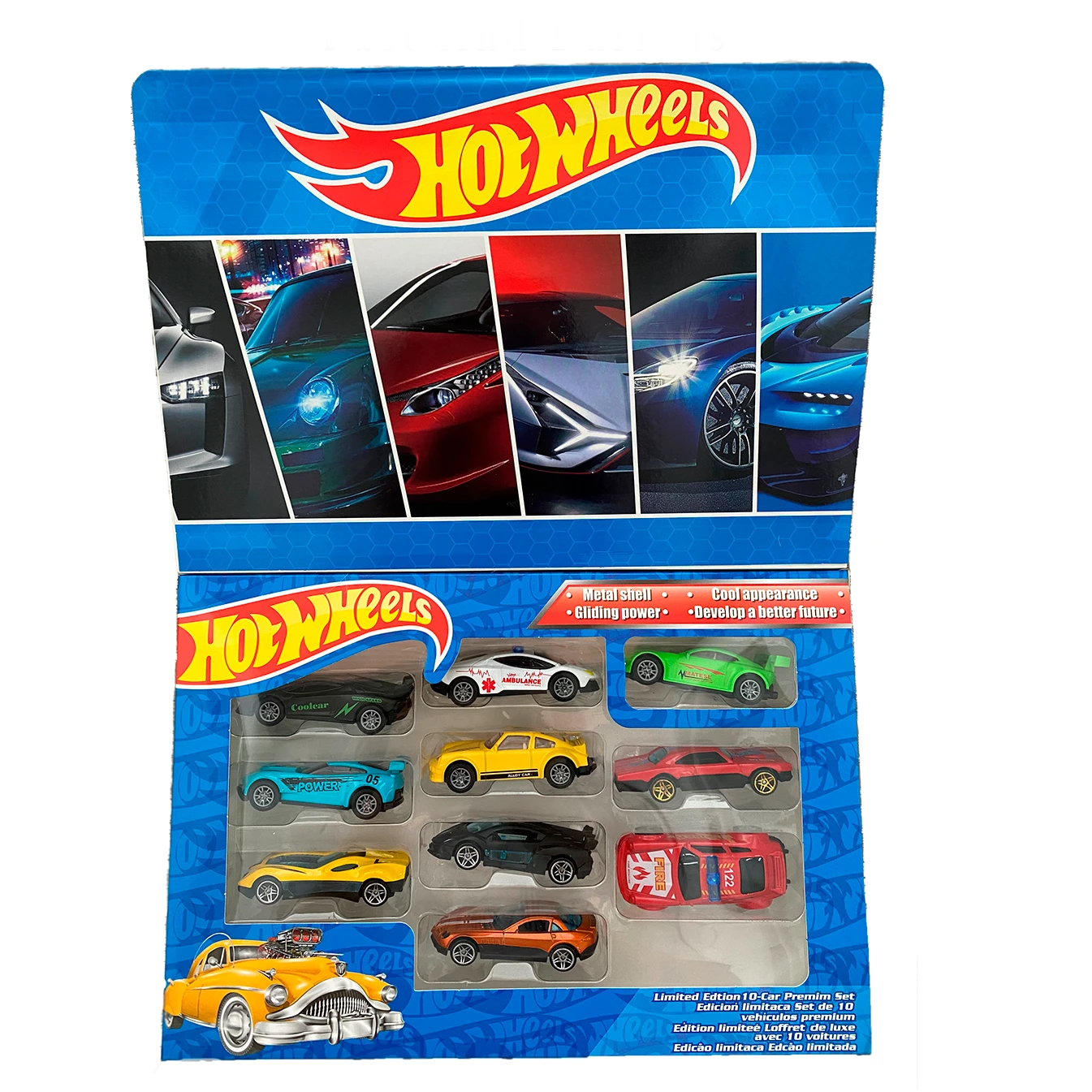 Set de 10 carros Hot Wheels en empaque azul con diseño variado.