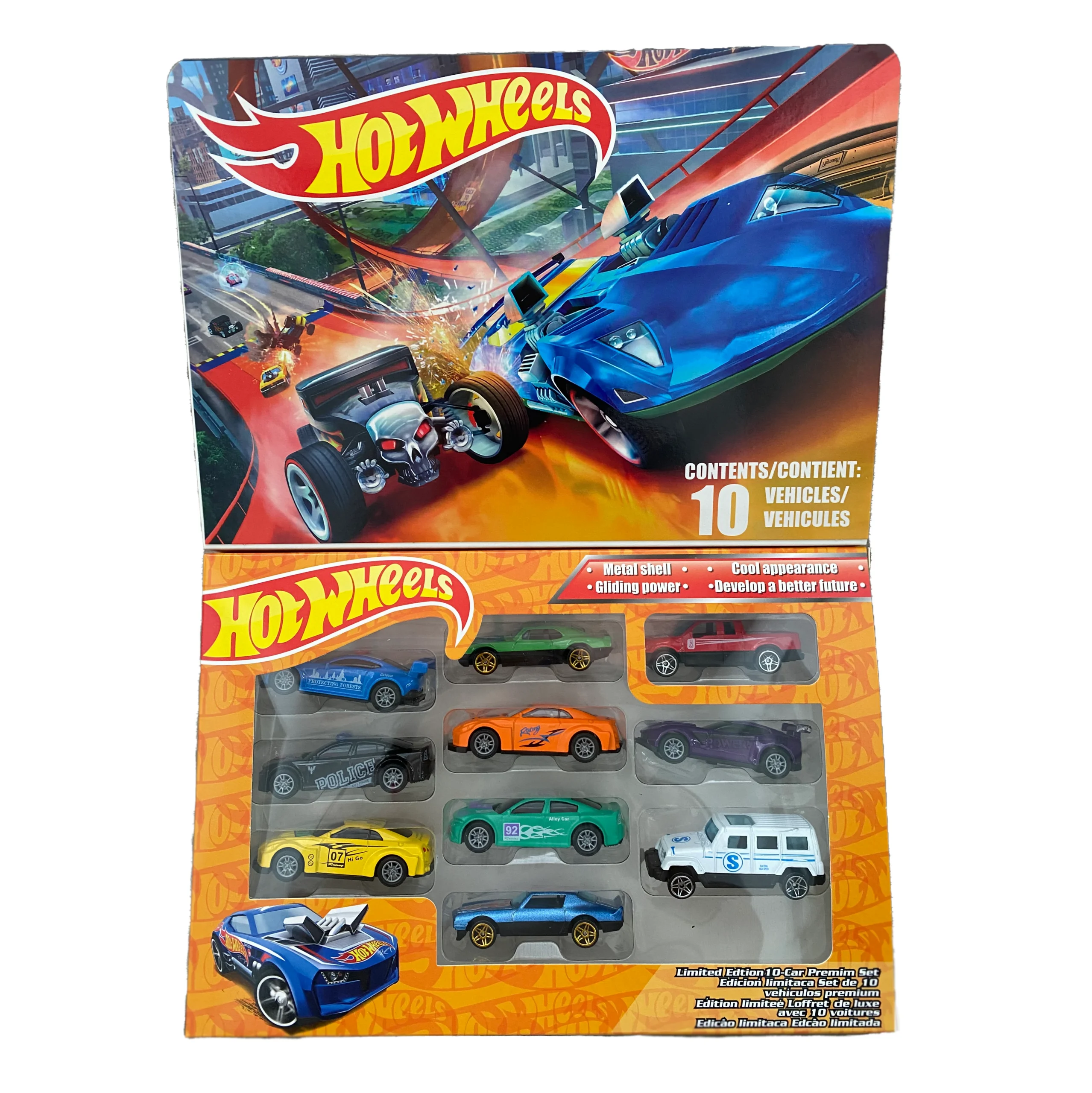 Set de 10 carros Hot Wheels variados en empaque colorido.