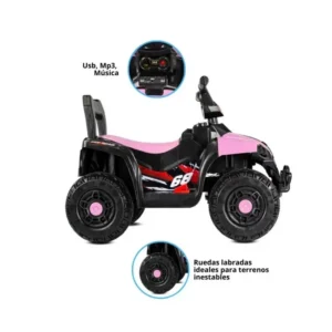 alternativo: Cuatrimoto eléctrica infantil rosa y negra con detalles deportivos.