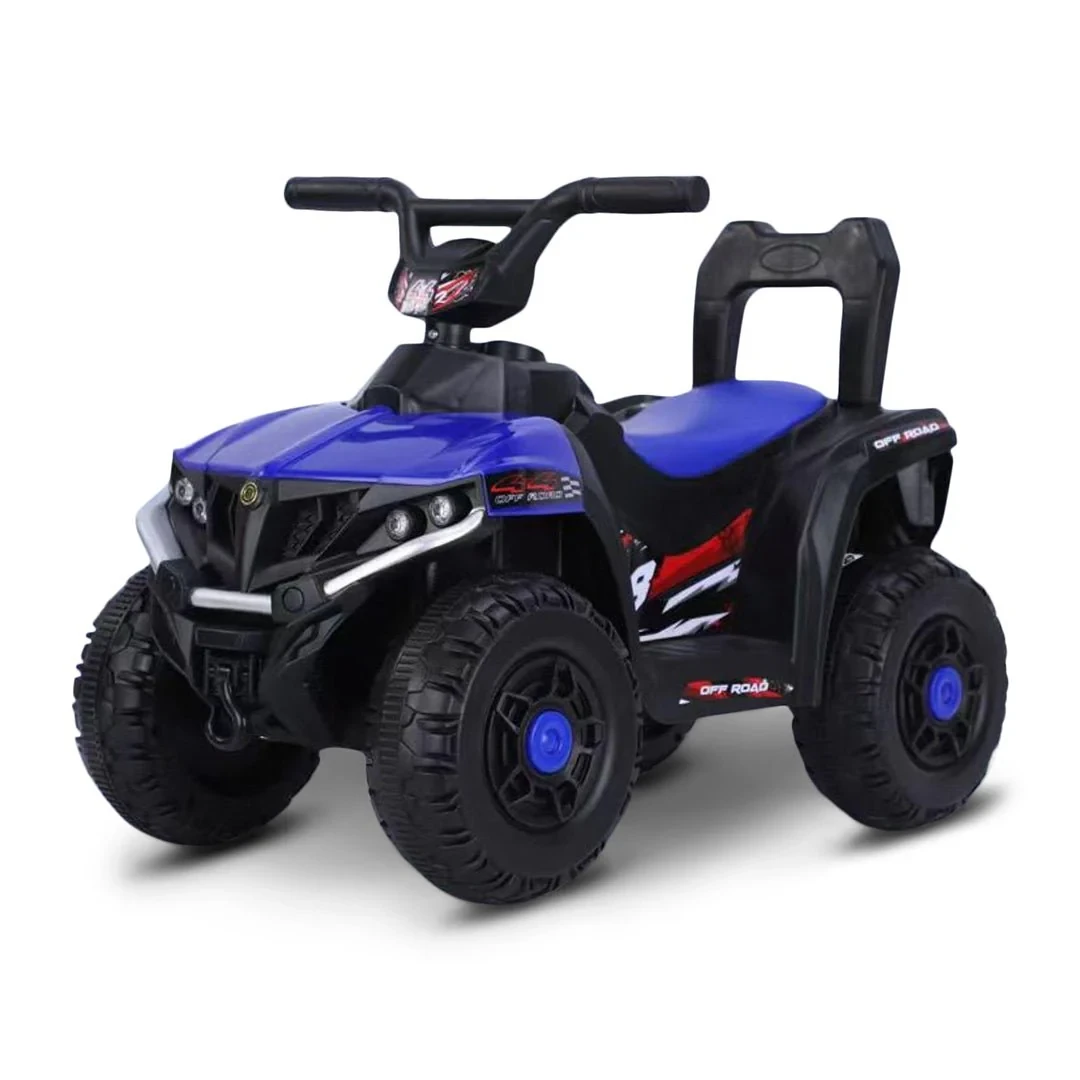 Cuatrimoto eléctrica azul para niños con diseño deportivo.