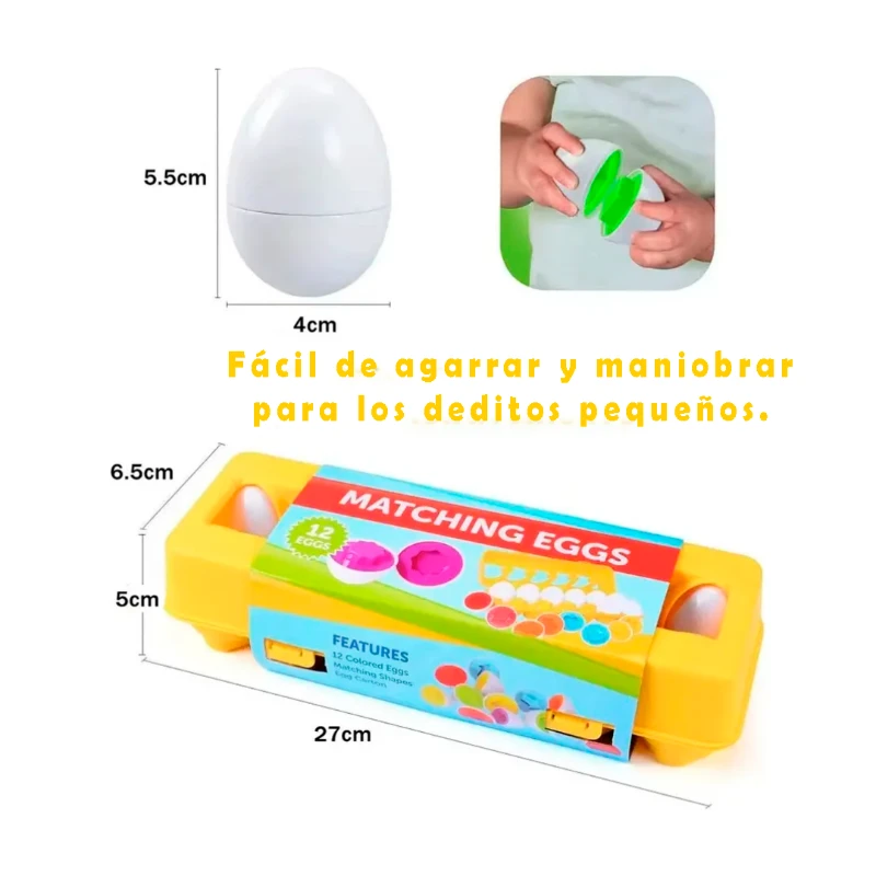 Juego de huevos Montessori con caja y piezas coloridas.