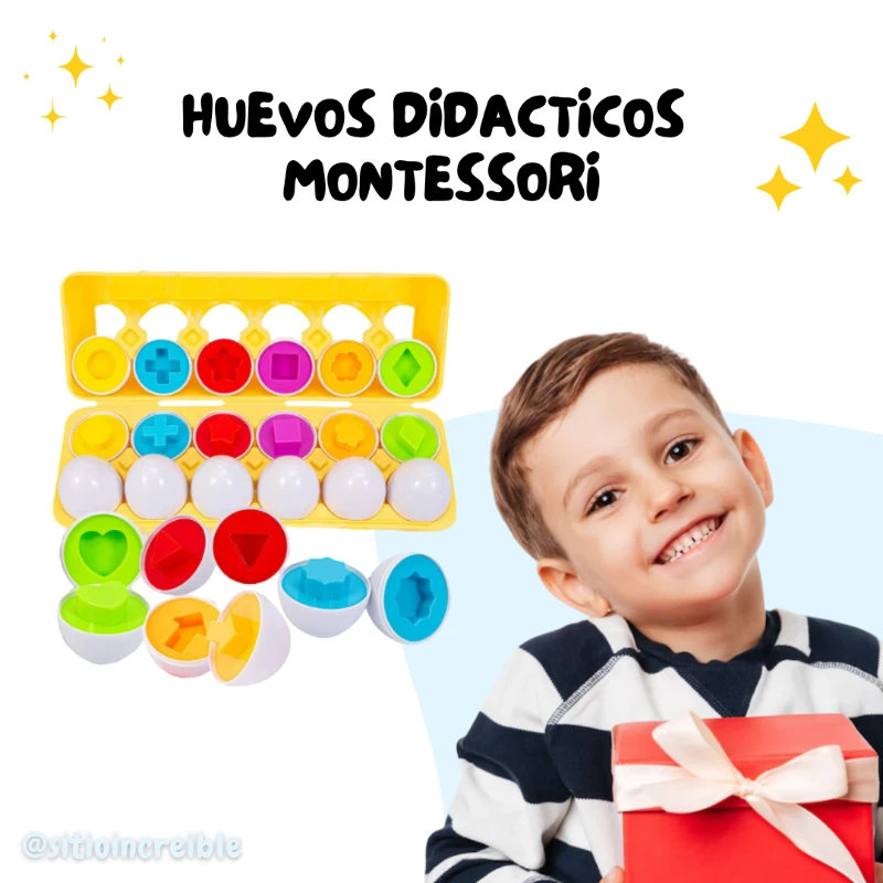 Huevos Montessori con formas de colores y niño sonriendo.