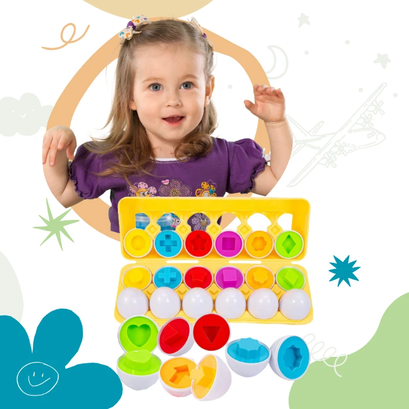 Niña jugando con huevos didácticos Montessori de colores.