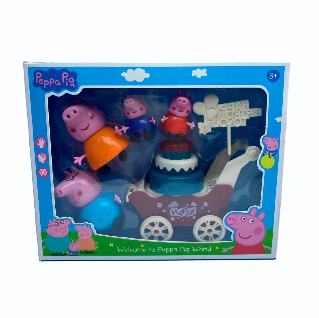 Set de figuras de Peppa Pig y su familia en caja azul.