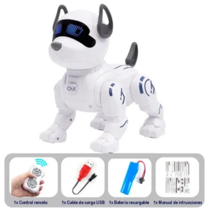 Perro robot blanco con detalles azules y control remoto.