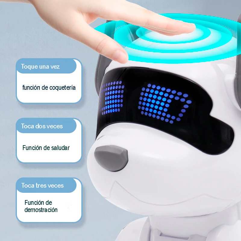 Mano interactuando con un perro robot blanco con visor LED.