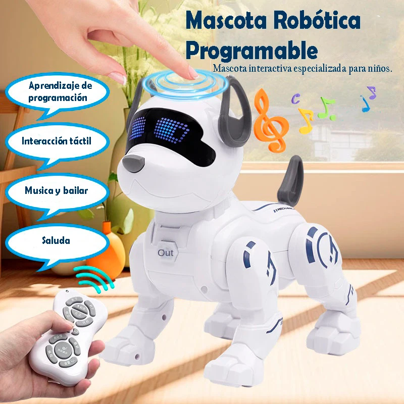 Perro robot interactivo blanco con control remoto.