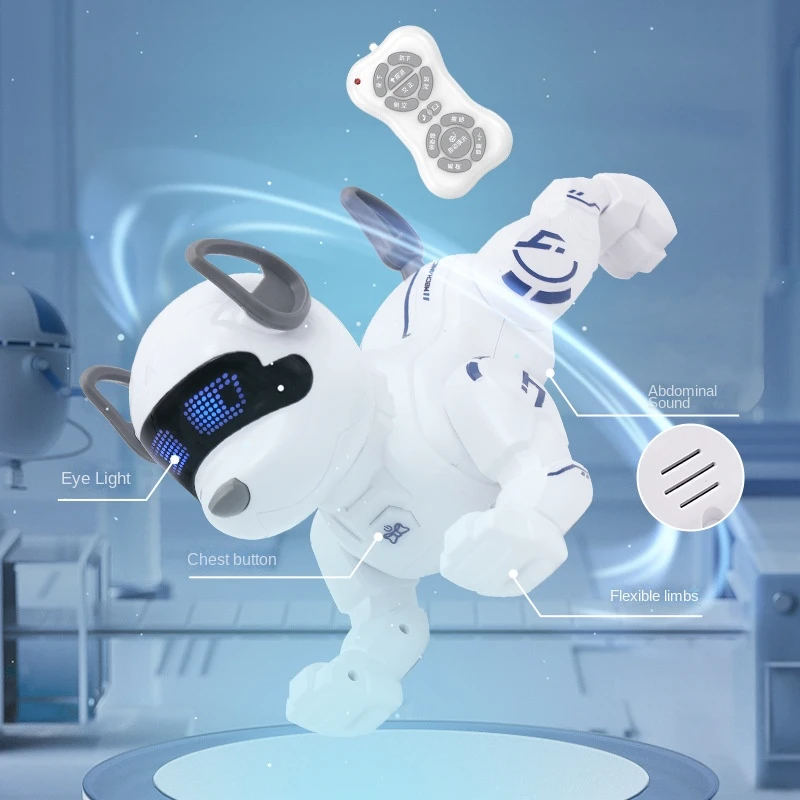 Juguete robot perro blanco con control remoto en fondo futurista.