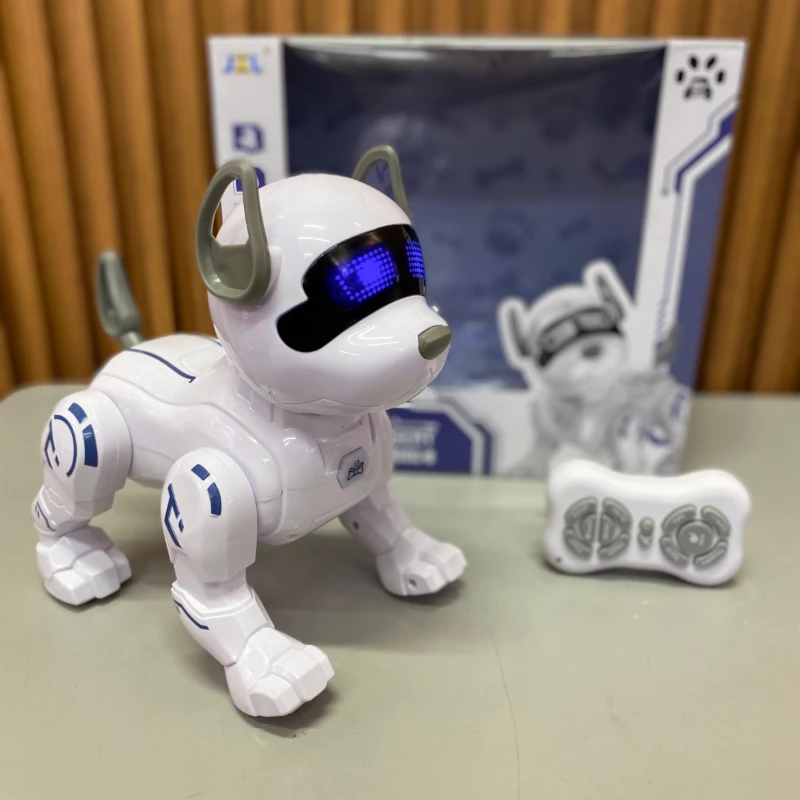 Perro robot interactivo blanco con control remoto y caja.