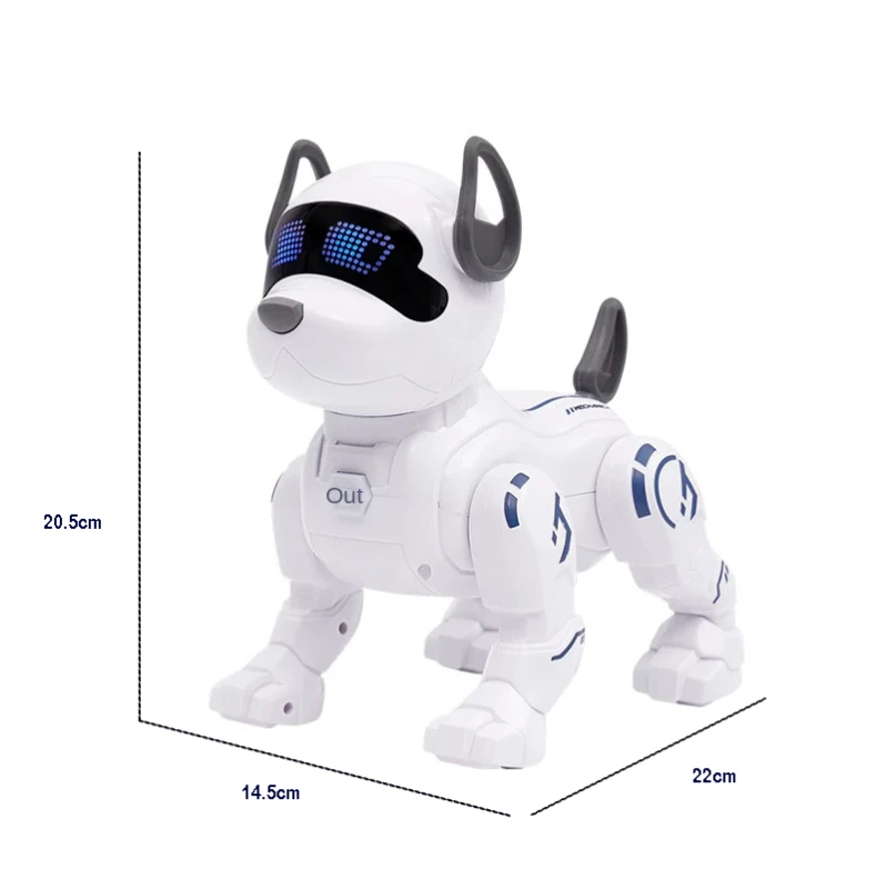 Perro robot blanco con ojos LED azules y orejas grises.