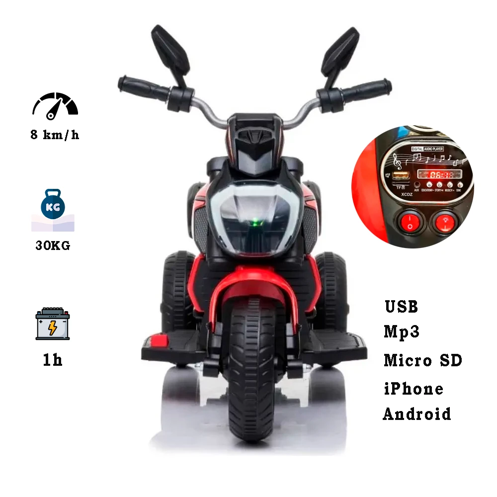 Moto eléctrica de juguete roja con tablero de control y manubrios negros.