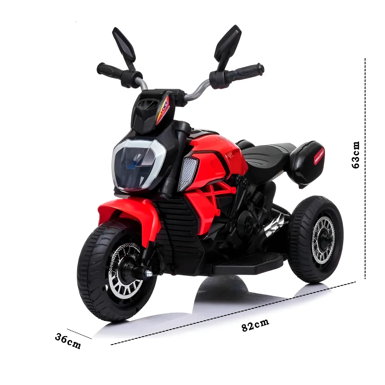 Moto eléctrica de juguete roja con tres ruedas y manubrios negros.