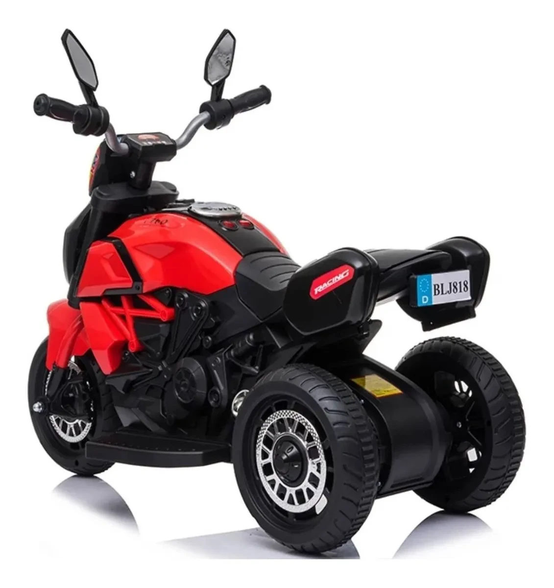 Moto eléctrica de juguete roja con tres ruedas para niños.