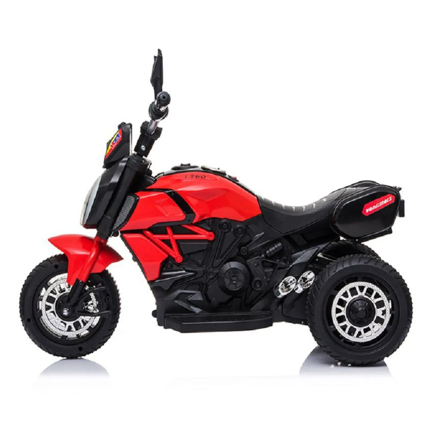 Moto de juguete roja de tres ruedas con detalles negros.