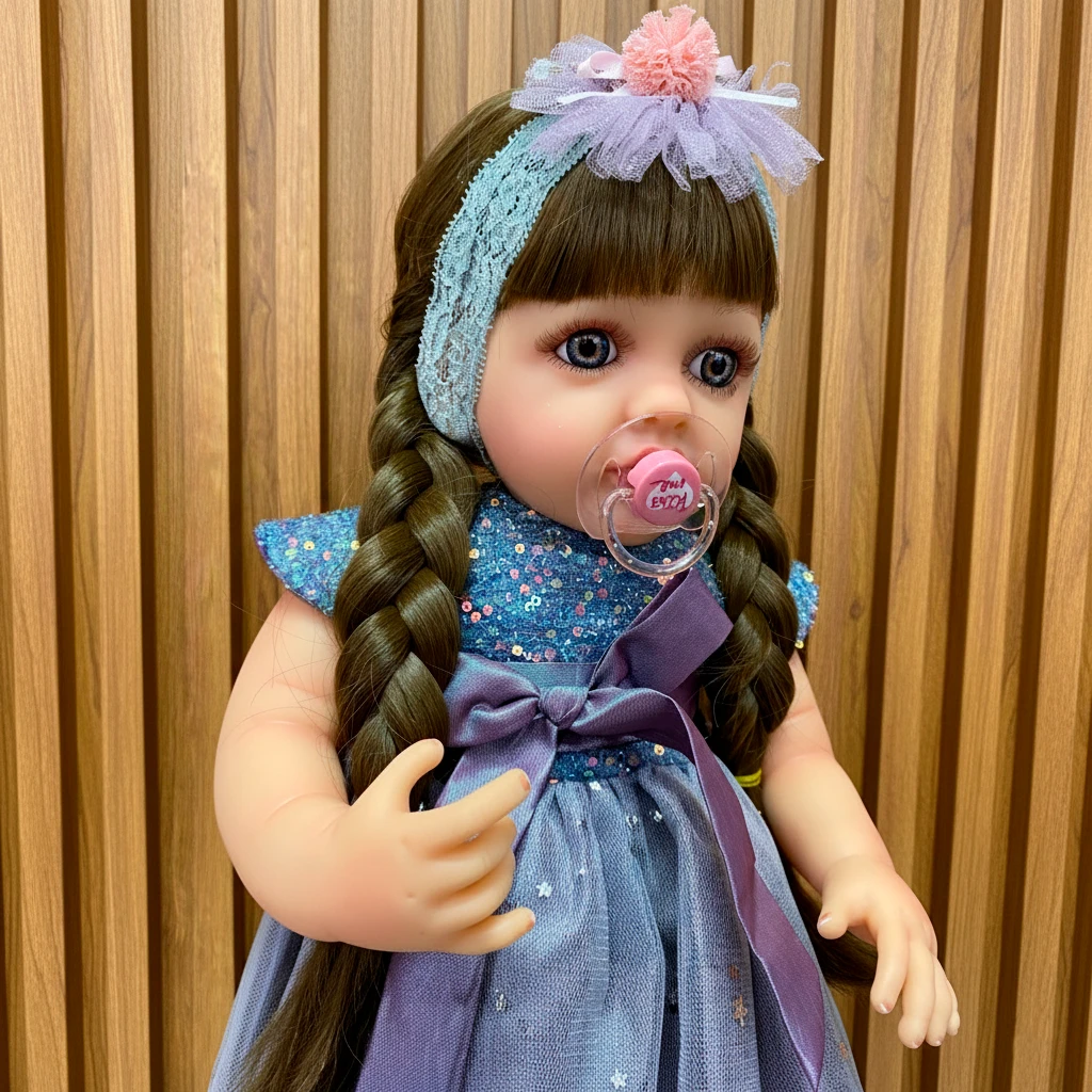: Muñeca realista con vestido azul y chupete en boca.