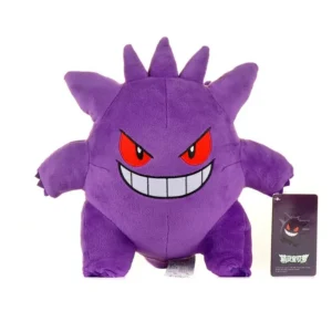 Peluche Gengar en color púrpura con expresión característica y etiqueta lateral.