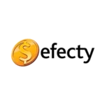 Logo de Efecty con una moneda dorada y fondo negro.